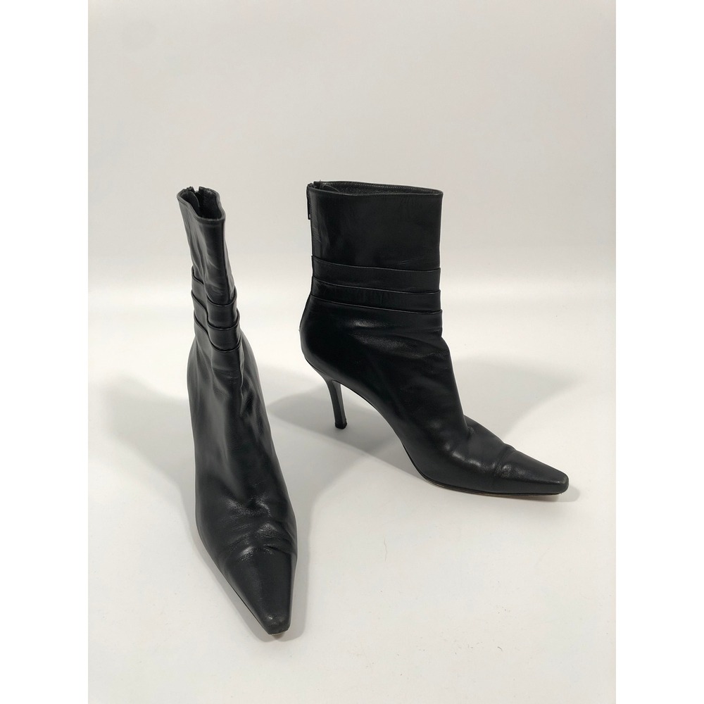 Womens Leather Stiletto Ankle Boots 9 Black Pointed Toe 90s Minimalist Chic